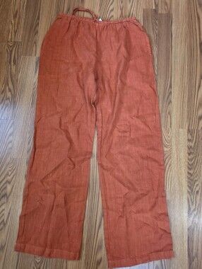 Hari Casuals Pants Women's M Orange Linen Elastic Waist Relaxed Drawstring USA